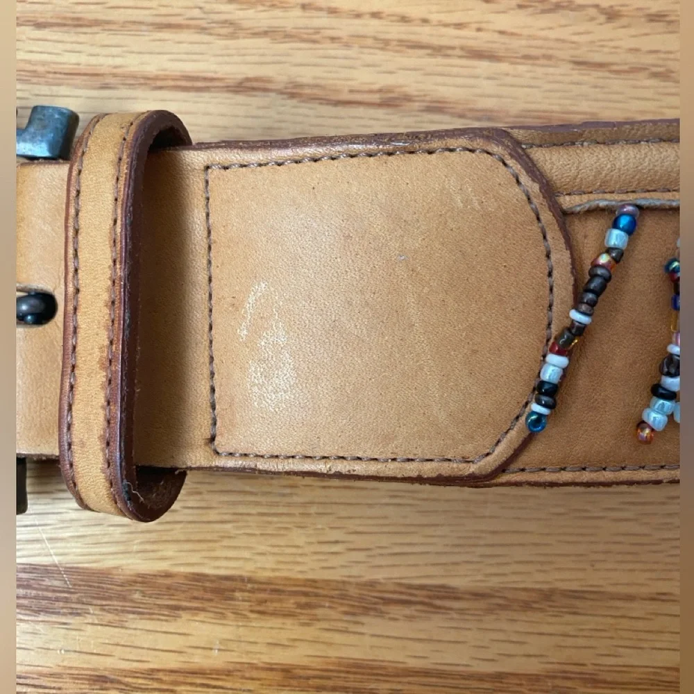Catherine‎ Dial Easley Tan Leather Aztec Chunky  Buckle Beaded Western Belt SZ S